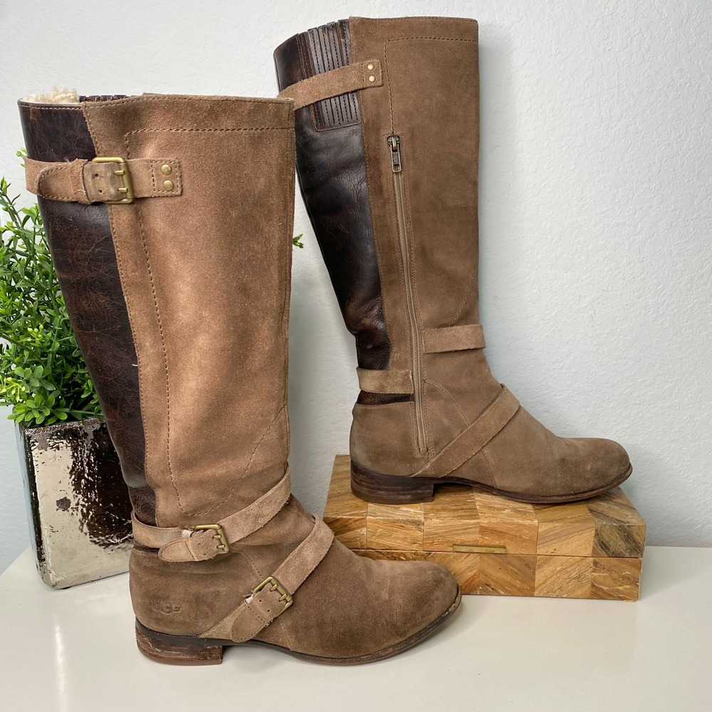 UGG Cydnee Tall Riding Boots Tan Sude Brown Leather Size 9